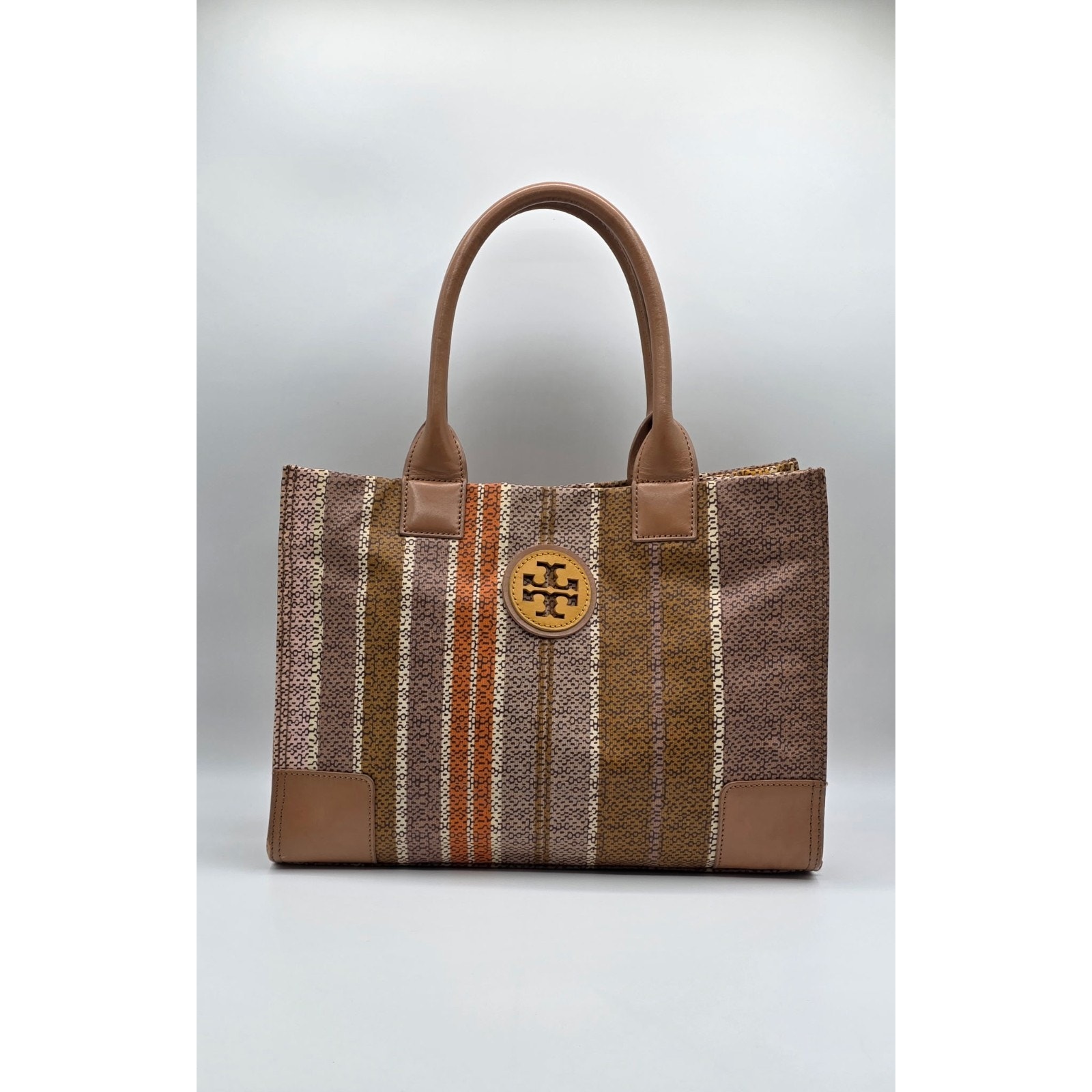 Tory Burch Striped Canvas Tote Bag Brown Tan Orange Leather Trim